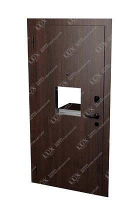 стальная кассовая дверь с окошком (открывание внутрь), отделка ламинат